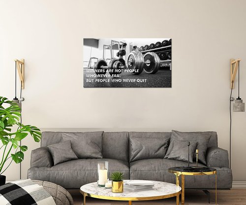 SkenoArt Gym Motivational Wall Art Winners are Those Who Never Quit Wall Decor Black and White Dumbbell Canvas Wall Art Fitness Posters for Home Gym Living Room Framed Stretched Ready To Hang 20"x36"