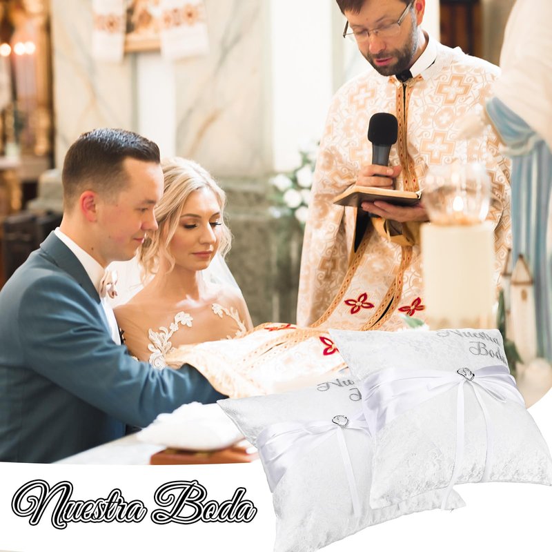 Mixweer 2pcs Wedding Embroidered Kneeling Pillows Nuestra Boda 18 x 18 Inch Embroidered Prayer Pillow Satin and Lace Kneeling White/Silver, Cojines para Boda, Decoracion (18",Without Pillow)