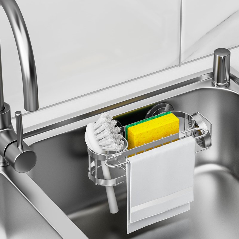 Cisily Kitchen Sink Caddy Sponge Holder in The Sink, Stainless Steel Kitchen Sink Organizer, Brush Holder, Dish Cloth Hanger, Sink Stopper Holder (Suction cup-Silver)