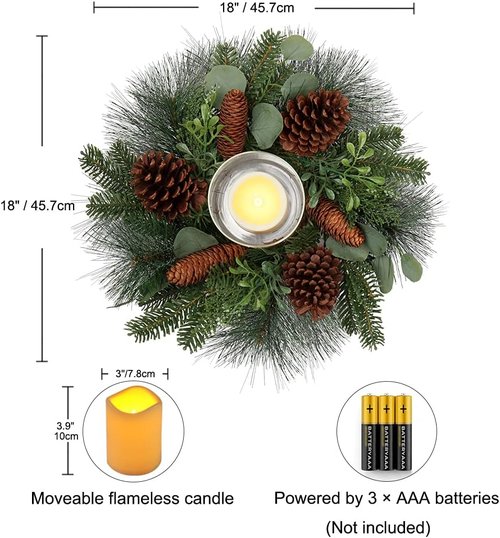 18” Table Wreath by Greenery - Rustic Artificial Greenery Wreath with Detachable Glass Holder for Christmas Decor