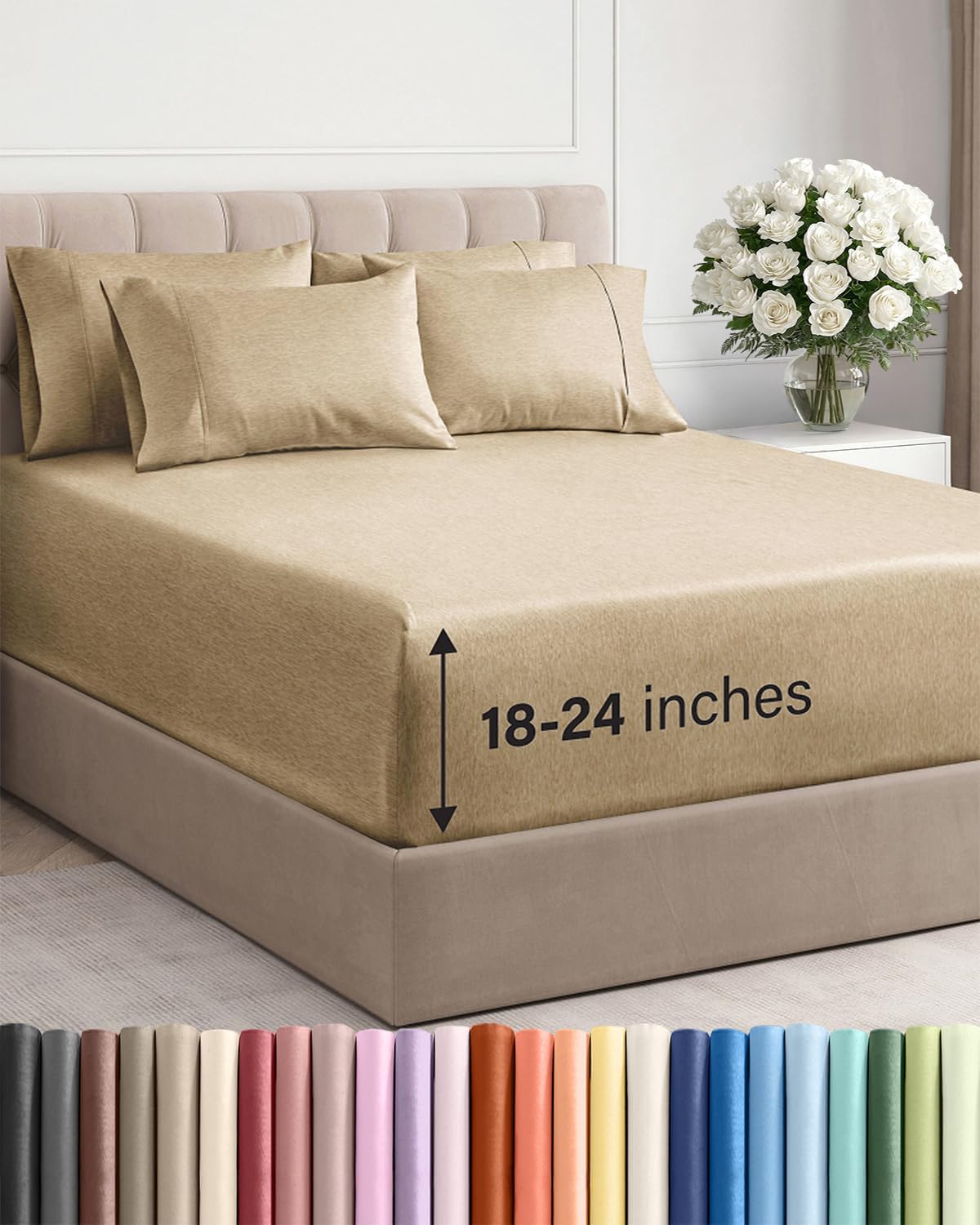 Skiennix Extra Deep Full Sheet Set - 6-Piece Breathable Cooling Bedding - Soft, Wrinkle-Free Heathered Tan
