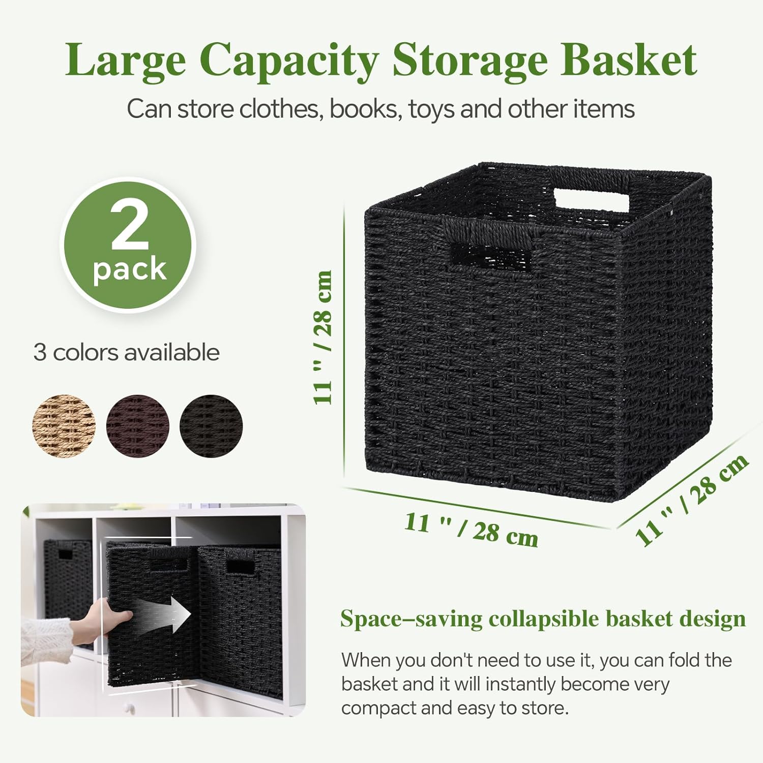 Skiennix Woven Wicker Storage Baskets - 2-Pack Handwoven Paper Rope Organizers | 11x11 Foldable Bins in Classic Black