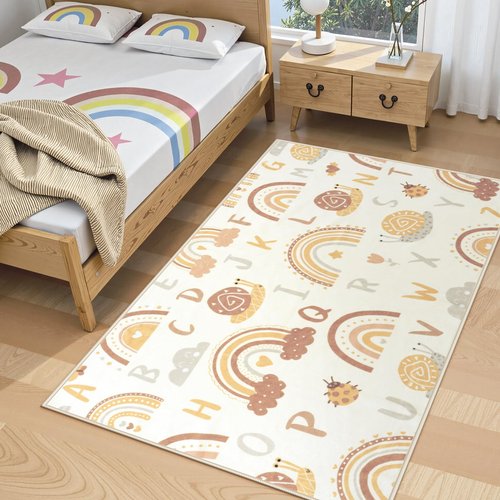LIVEBOX Boho Rainbow Kids Rug, Cute Washable Playroom Rugs Non Slip, ABC Alphabet Learning Carpet for Nursery, Bedroom, Preshcool (Orange,3x5)
