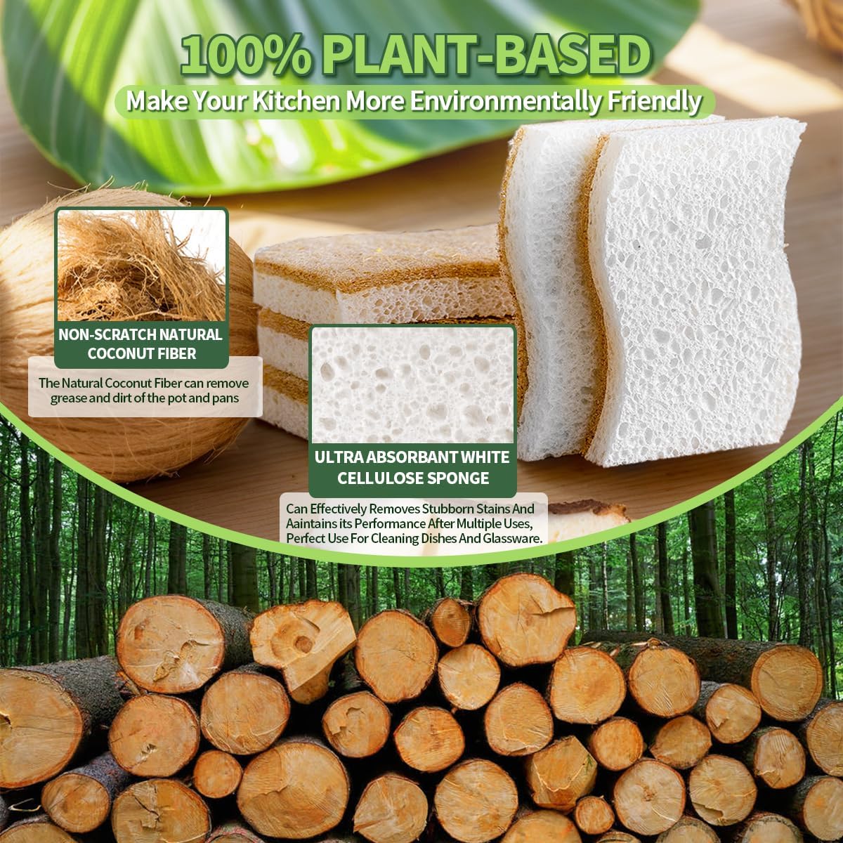 Skiennix Natural Dish Sponges - Biodegradable Plant-Based Cellulose with Coconut Scrubber | Pack of 12