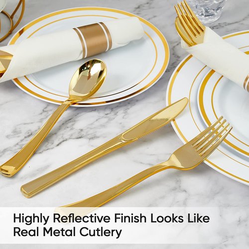 30 Pack Pre Rolled Gold Plastic Cutlery, Disposable Heavy Duty Silverware Set - 30 Forks, 30 Spoons, 30 Knives, 30 Napkins, Disposable Cutlery Set for Catering, Parties, Dinners, Weddings