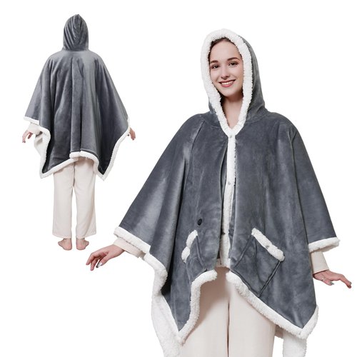 Warmrest Heated Blanket Wearable Shawl Portable Electric Wrap with Hoodie for Adult with Power Bank Flannel & Sherpa Heating Electric Throw with 3 Heat Settings Light Grey 50x60 Inch, Gifts for Mom