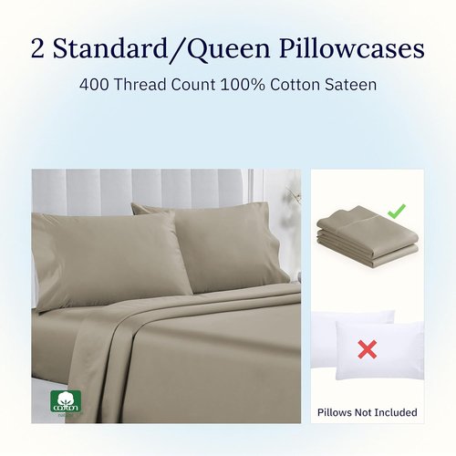 California Design Den Pillowcase Set - 400 Thread Count 100% Cotton Sateen, Soft & Breathable | Queen Size, Taupe