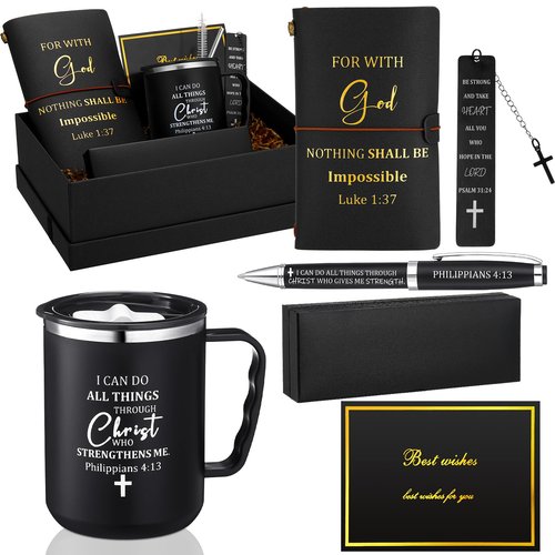 Shellwei 6 Pcs Valentine's Day Christian Gifts 17 oz Christian Coffee Mugs Leather Bible Notebook Religious Pen Metal Bookmark Greeting Card Box Present for Valentine's Pastors Gifts(Black)