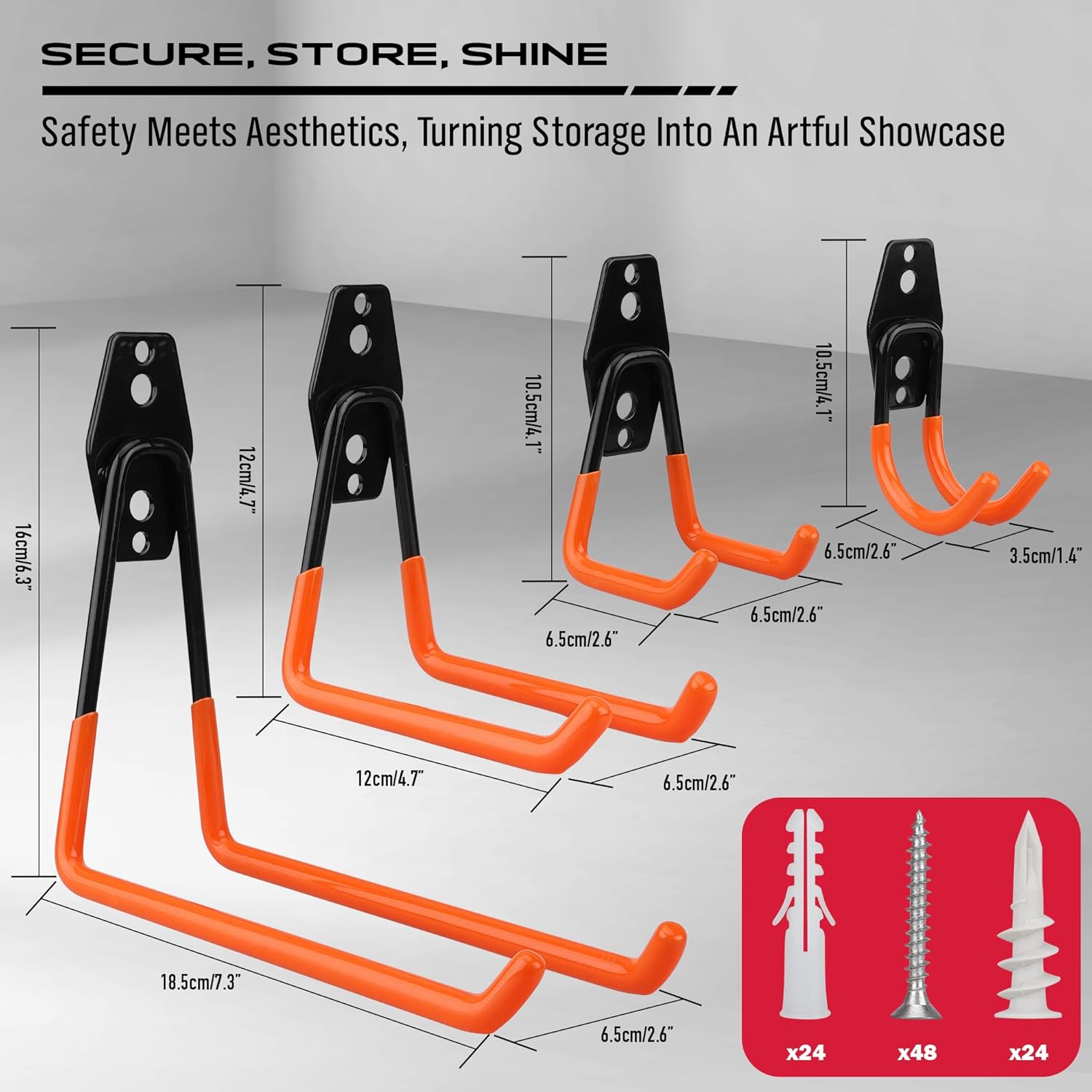 Skiennix Garage Tool Storage Wall Hook Set - 15PCS Heavy Duty Organizer for Garden Tools, Ladders & Bikes | Orange