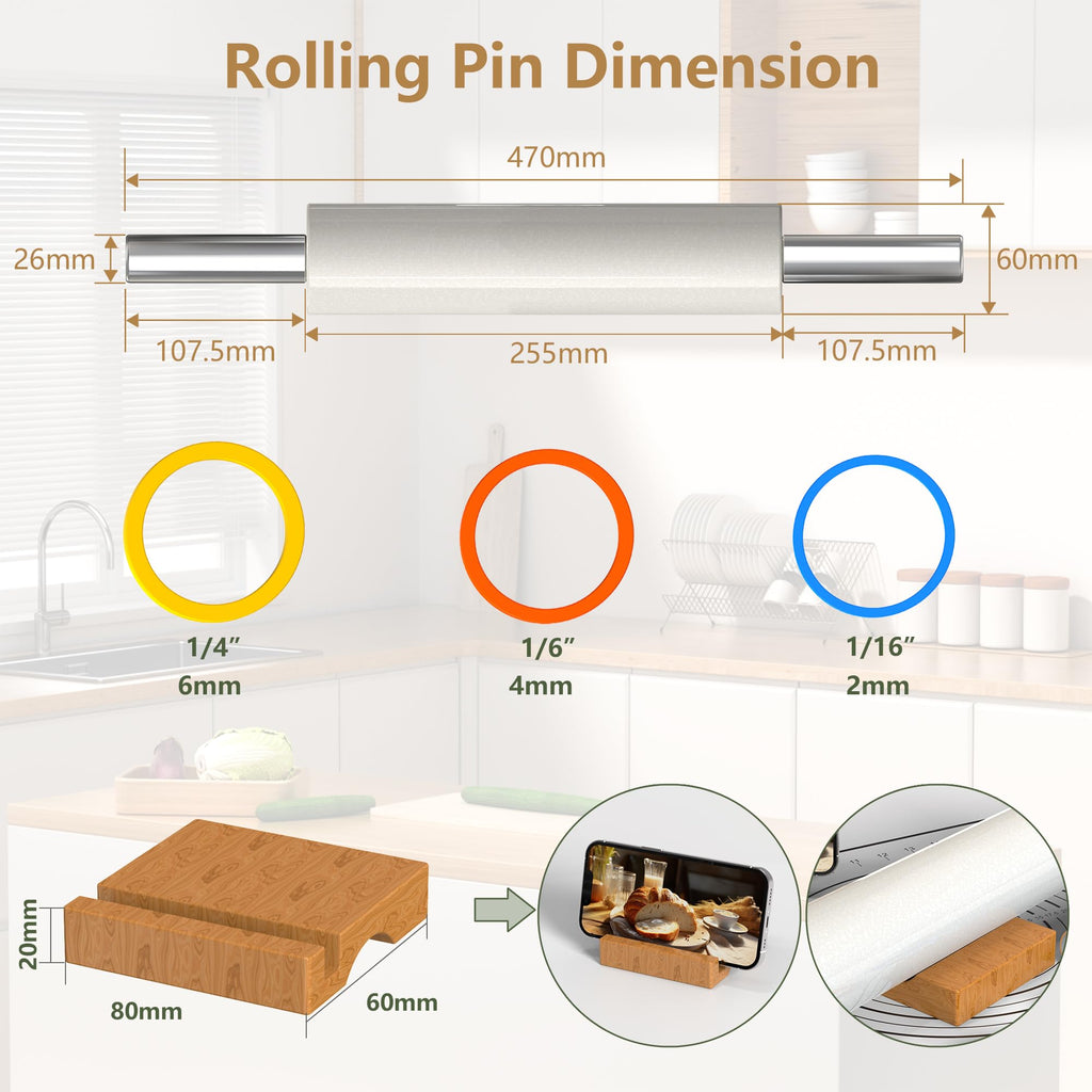 Mepple Marble Rolling Pin with Stainless Steel Handle for Baking,Fondant,Pizza,Cookie Crust,Pie,Cookies,Pastry, 18.5”(Includes handle) Marble Rolling Pin with 3 Multi-Color Thicknesses and Wood Stand