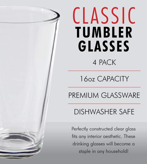 Kitchen Lux Pint Beer Glasses Set of 4 – 16 oz Tall Clear Drinking Glasses and All Purpose Tumblers – Heavy Base Cocktail, Water, Juice Glass – Pub Style Design For Home Dining, Bars, and Parties