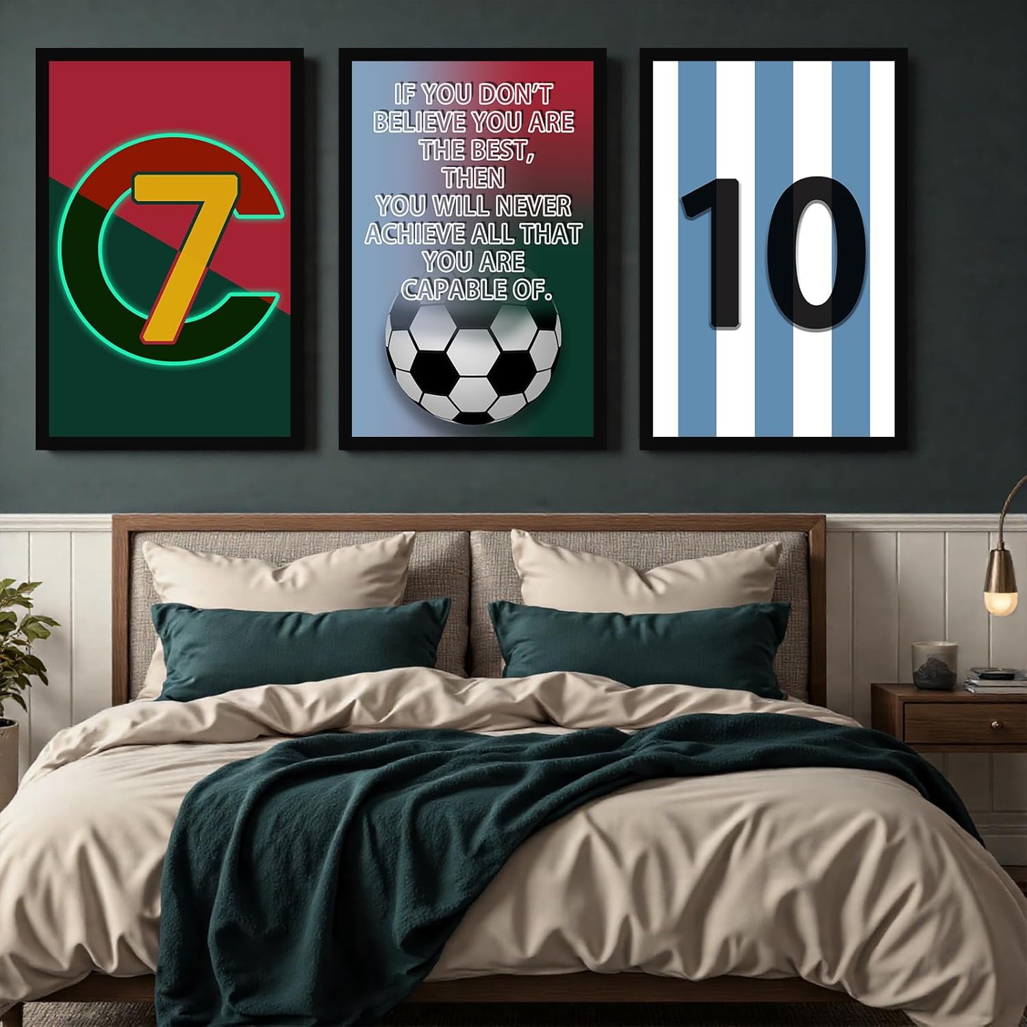 Pormipone Football Wall Art Decor - 3 Pcs Soccer Canvas Paintings for Boys' Room | 12x18 in