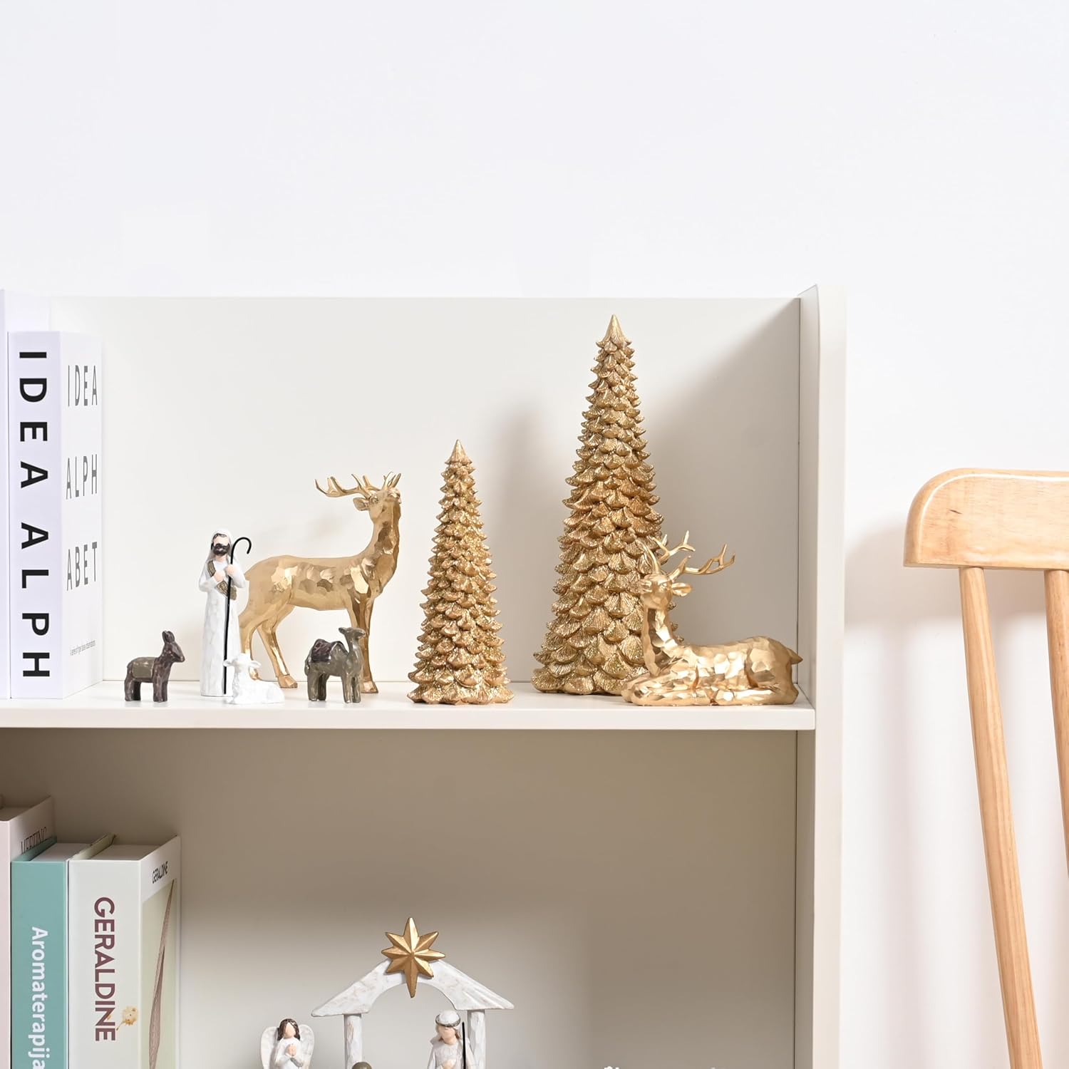 AOMOONOA Gold Christmas Tree Figurines - 2Pcs Resin Glitter Tabletop Decor | Small Xmas Trees for Home