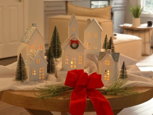 Mark Feldstein & Associates LED Holiday Figurines - Silver Rooftopped Village Set | 16 Pieces, 11 Inch
