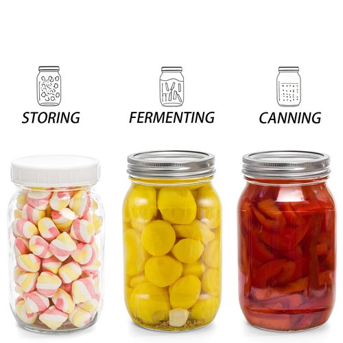 Jucoan 6 Pack Wide Mouth Glass Mason Jar Canning Jar with Lid and Band, 32 oz Quart Size Square Mason Jars for Preserving, Fermenting, Pickling, Salad, Juice, Food Storage, with 6 Plastic Lids