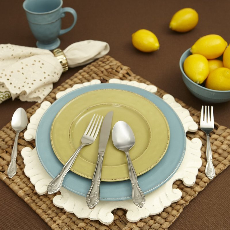 RiverRidge Rose Monogrammed Flatware Set 46 Piece Silverware - H - Utensils Set with Serving Pieces, Heavy Gauge Stainless Steel, Mirror Finish, Dishwasher Safe Cutlery for Daily Use