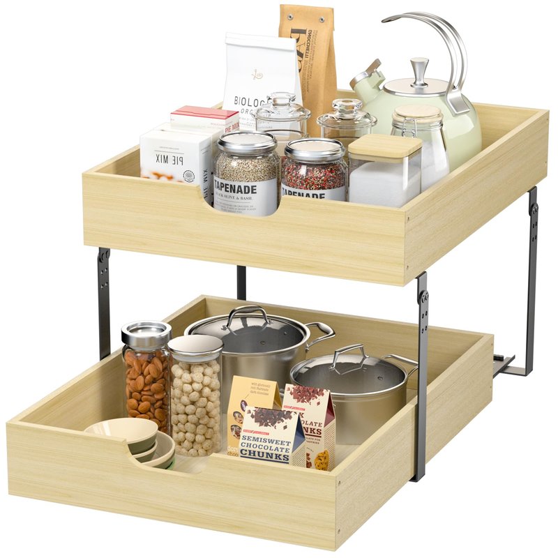COOLBEBE Pull Out Drawer Organizer for Cabinets, 2 Tier Soft Close Cabinet Drawers Slide Out, 2 Layer Wood Double Tier Pull Out Shelves for Kitchen, Pantry, Bathroom