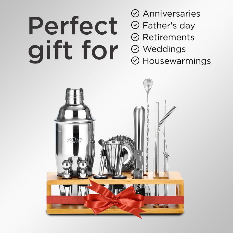 TEAVAS Mixology Black Bartender Kit with Japanese Jigger & Stand - 13 Piece Stainless Steel Cocktail Making Set - Boston Shaker, Strainer, Mixer Spoon, Muddler - Barware Anniversary & Birthday Gifts