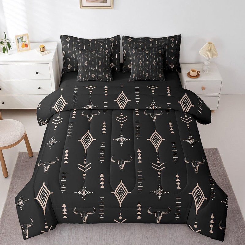 Feelyou Rustic Western 7 Piece Bedding Set Queen Size Kids Western Tribal Bull Skull Bed in a Bag Adult Black Brown Boho Ethnic Aztec Cow Pattern Comforter Set with Sheets