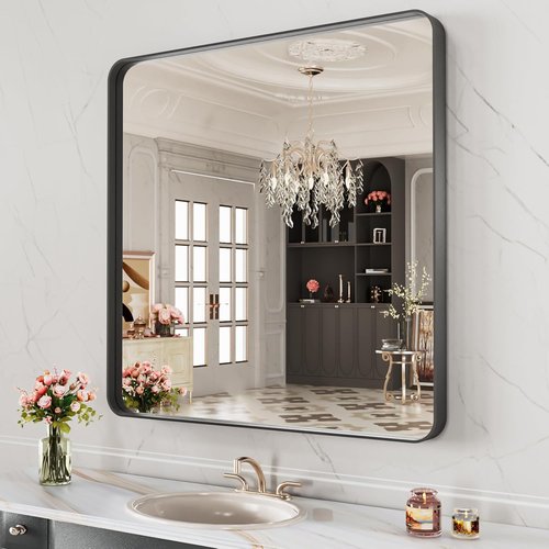 LOAAO Black Metal Framed Bathroom Mirror - 32x32 Inch Matte Black Vanity Mirror | Anti-Rust, Versatile Hanging Options