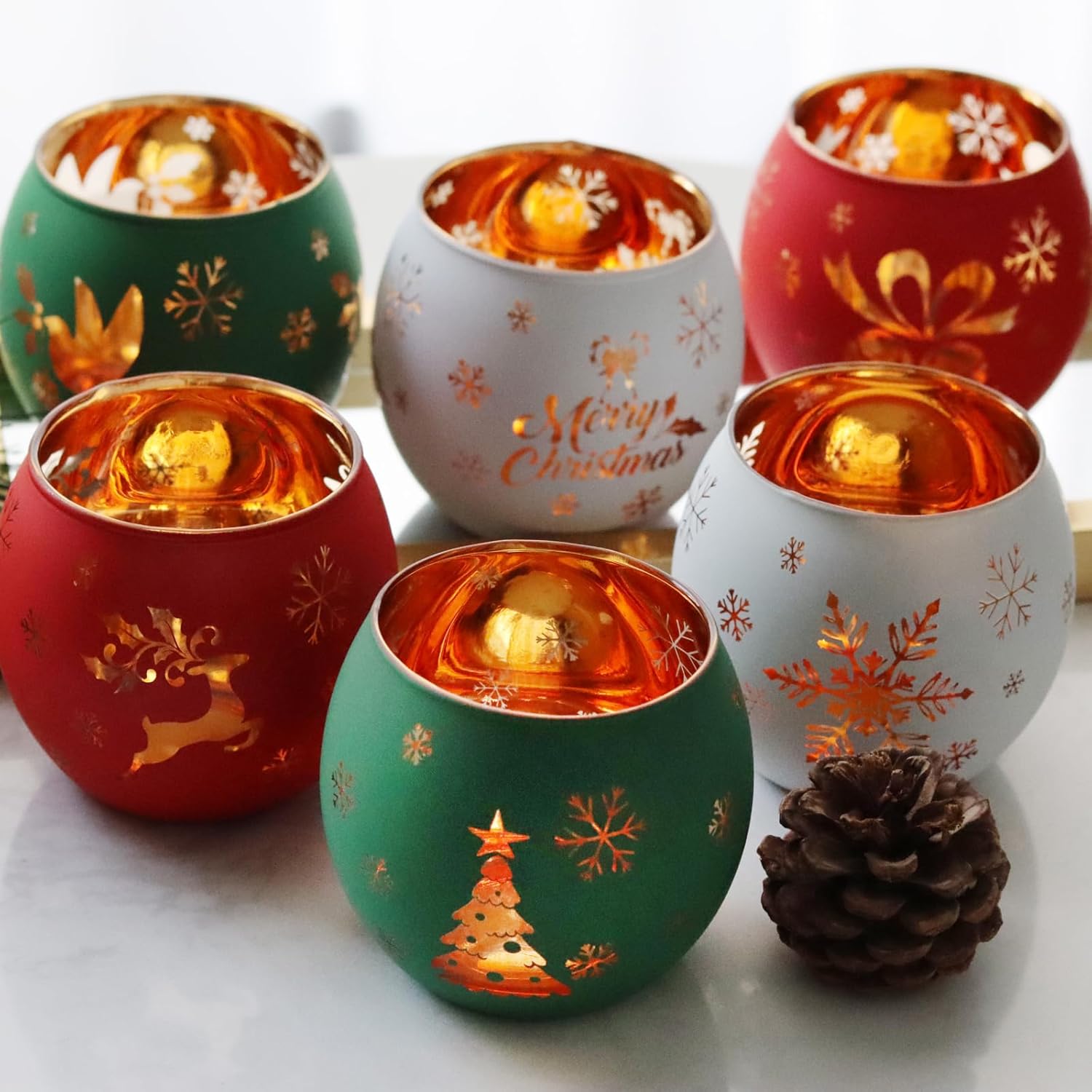 Skiennix Christmas Votive Candle Holder Set - 6 Red, Green & White Glass Tealight Holders with Laser Engraved Designs for Winter Table Decor