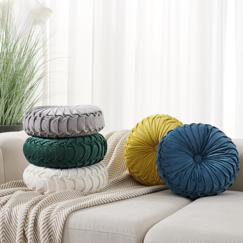 XIXILILI Off-White Round Velvet Pillow, 15" Diameter Pleated Handmade Throw Pillows, Decorative Pumpkin Pillows Cushion for Bed, Car, Couch, Or Chair