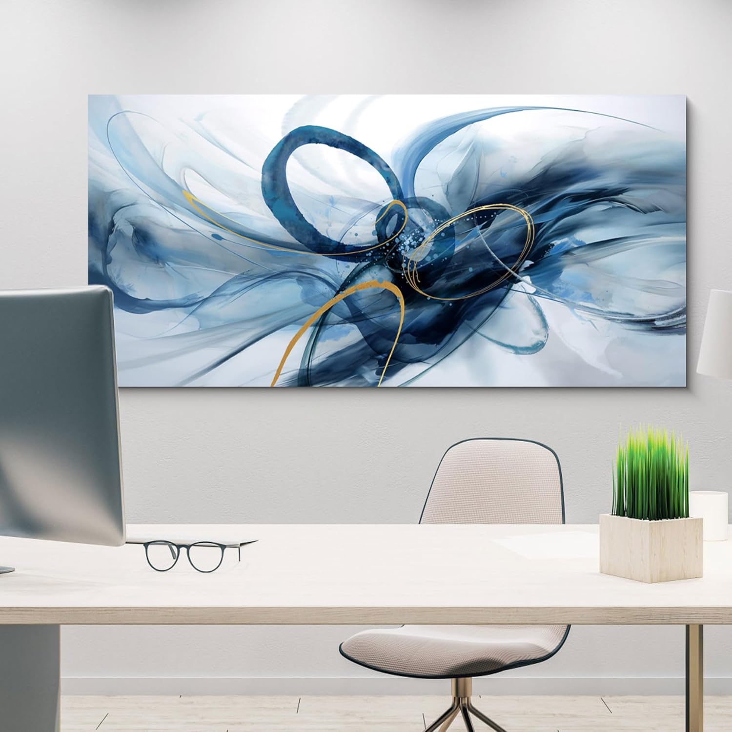 XLSJERST Extra Large Canvas Wall Art - Modern Abstract Design in Blue and White for Living Room Decor