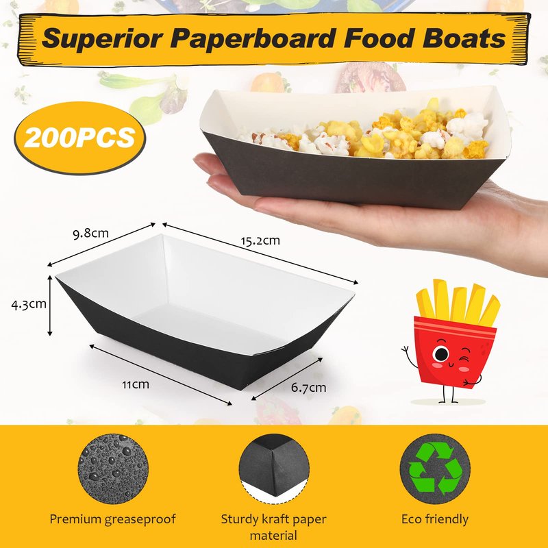 Yinkin 200 Pcs Paper Boat Disposable Graduation Food Trays Nacho Trays Kraft Paper Boats for Tacos Concession Party Supplies(2lb,Black)