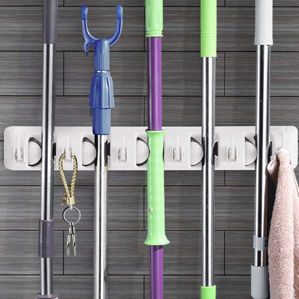 Tangkula Wall Mount Broom Holder - 5 Slot Organizer with 6 Hooks for Home, Kitchen & Garage Storage (White)