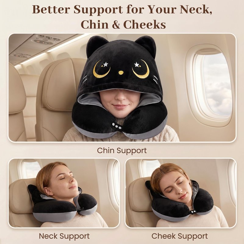 Mewaii Travel Neck Pillow with Hood for Airplanes,Memory Foam,Breathable Ice Silk & Soft Velvet,Double-Sided,Removable to Clean,Adjustable Strap,Portable Travel Pillow for Long Flights Adults & Teens