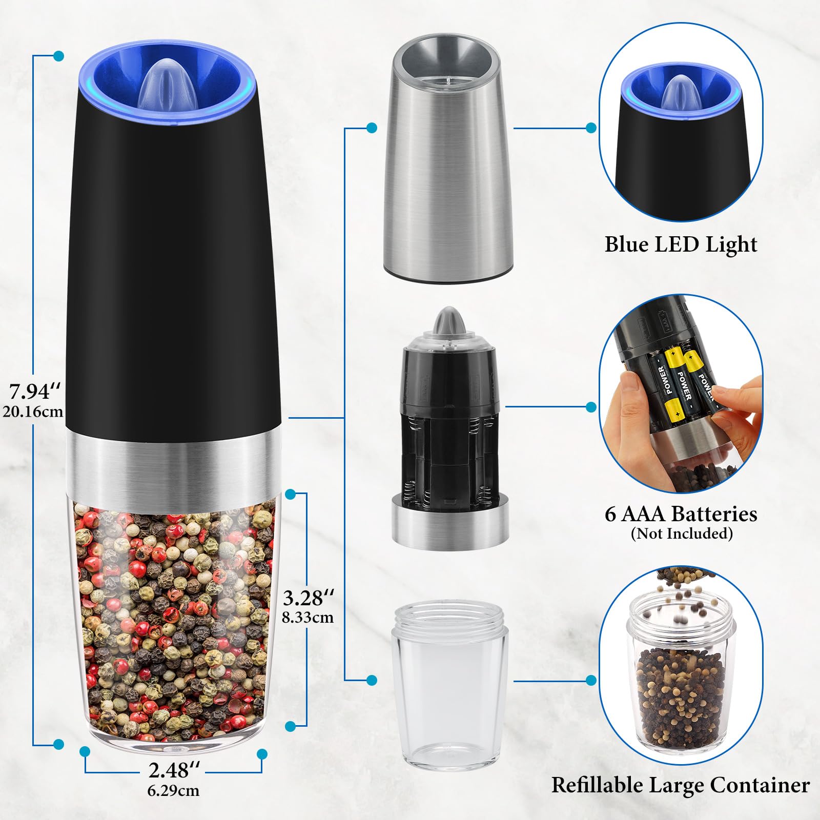 Gravity Electric Salt and Pepper Grinder Set, Battery Powered LED Light One Hand Automatic Operation, Adjustable Coarseness Mill Grinders Shakers Black (A.Black 2p)