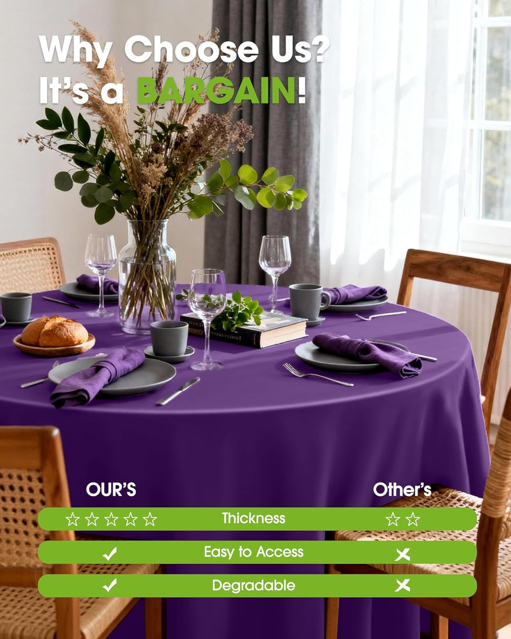 Pureegg Disposable Round Table Cloths - 84'' Leakproof & Sturdy, 8 Pack | Purple Graduation Decorations
