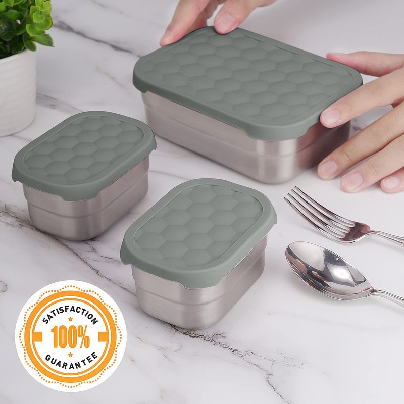Tanjiae 3 CUP+1 CUP Stainless Steel Lunch Snack Containers Set | Leak Proof 304 Stainless Steel Food Containers with Silicone Lids - Perfect Metal Lunch Box for School and Daycare (25oz+8oz*2)