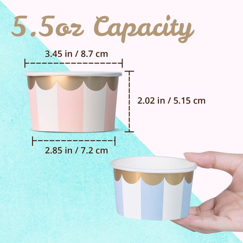 Confettiville Paper Ice Cream Cups, 100-Count 5.5-Oz Disposable Dessert Bowls for Hot or Cold Food, 5.5-Ounce Party Supplies Treat Cups, 5 Colors Pastel Stripes with Scalloped Gold Foil