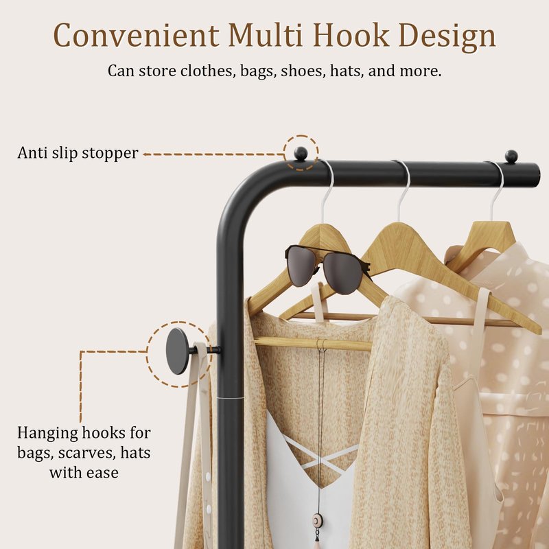 OUTBROS Coat Rack, Portable L-shaped Clothes Rack with Hook, Modern Hanger, Sturdy Freestanding Metal Clothing Rack, Used in Bedroom, Entrance and Living Room, 15.3 x 10.2 x 70.8 inch, Black