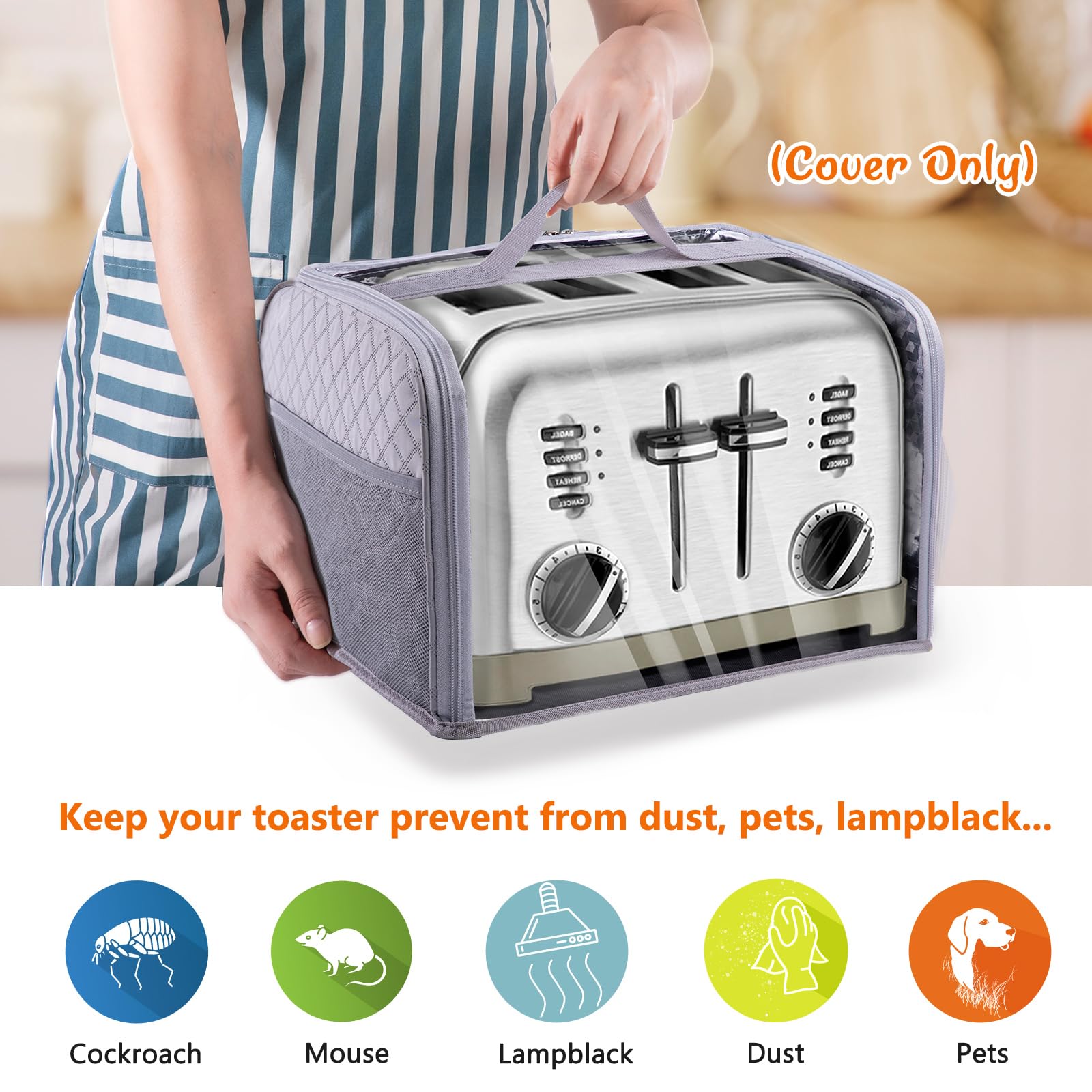 BAGSPRTIE Toaster Cover for 4 Slice Wide Slot, Full Open Dust Covers for Kitchen Appliances Compatible with Cuisinart, BELLA, Black and Decker 4 Slices, Toaster Bags with Zipper Closure (Cover Only)