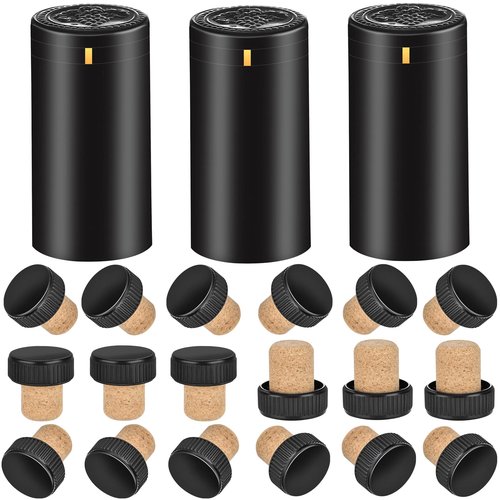BGMAXimum PVC heat shrink capsules 40 count matte black and 40 Pcs bottle seal cork, wine shrink wrap sleeves caps tops wine bottle corks capsules for making cellars and home use