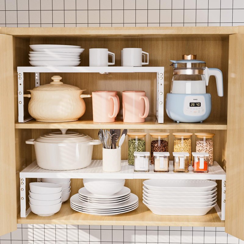 Ipotive Expandable Adjustable Stackable Kitchen Organizer,Pantry Storage Shelves Racks,for cabinets Shelf, Kitchens, countertops, bathrooms,RV(2Packs/White,Medium)