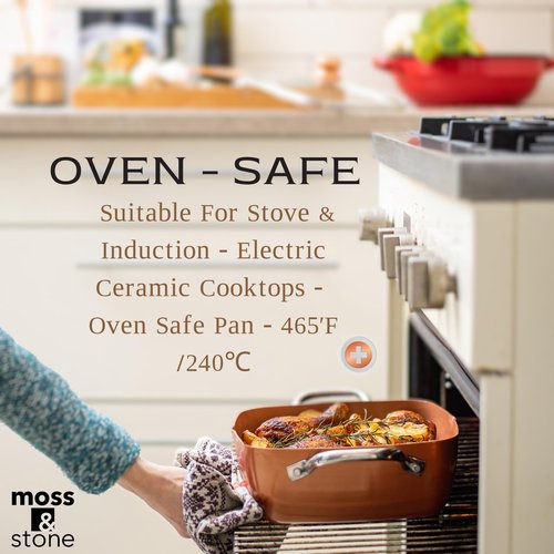 Moss & Stone 7 Pcs Copper Chef Cookware Non Stick Deep Frying Pan 9.5" x 3.5", Fry Basket, Dishwasher & Oven Safe, 5 Qt Deep Square Pot, Non Stick Pan & Round Pot, Induction Copper Cookware Set