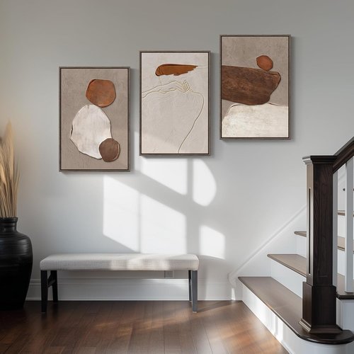 Framed Neutral Abstract Wall Art - 3 Piece Earth Tones Rustic Canvas Prints for Living Room | 16x24 Inch