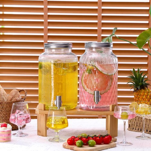 2 PCS Glass Drink Dispenser Set 1.5 Gallon With Stand, Spigot, Large Water Drink Dispensers for Parties for Lemonade, Juice, and Wedding, Bars