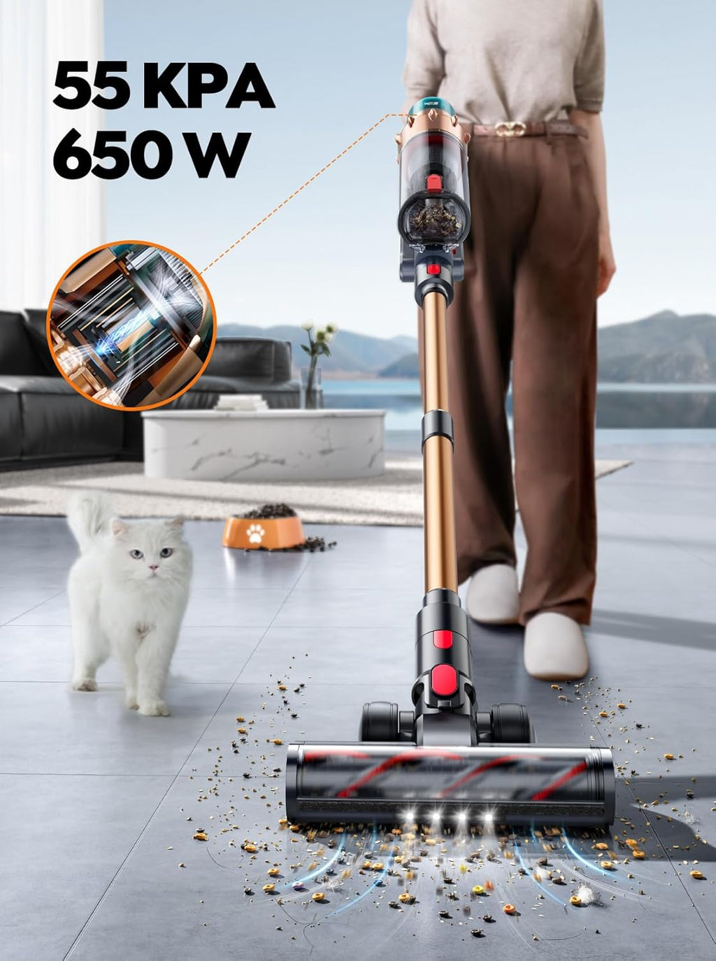 Skiennix Cordless Vacuum Cleaner - 55KPA Powerful Suction, 70 Mins Runtime, LED Touchscreen, Pet Hair & Carpet Friendly