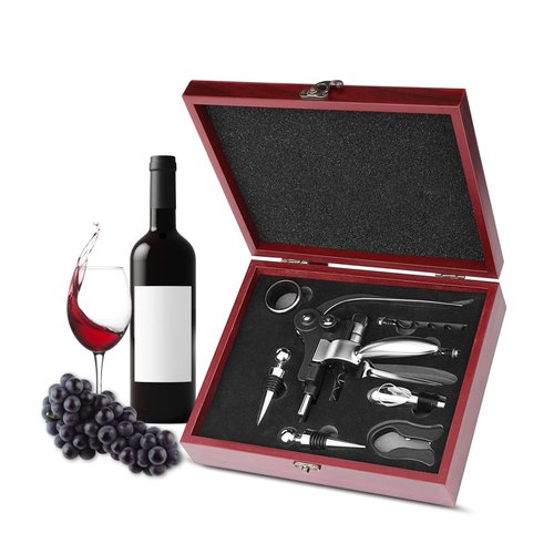 Flexzion Wine Opener Set in Mahogany Wood Case - Wine Bottle Opener Gift Box with Wine Foil Cutter Tool, Stopper, Pourer, Drip Ring, & Lever-Action Corkscrew Wine Opener Manual for Wine Lovers