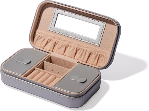 BINO Jewelry Case - Portable Stylish Organizer with Mirror for Earrings, Rings & Necklaces | Silver