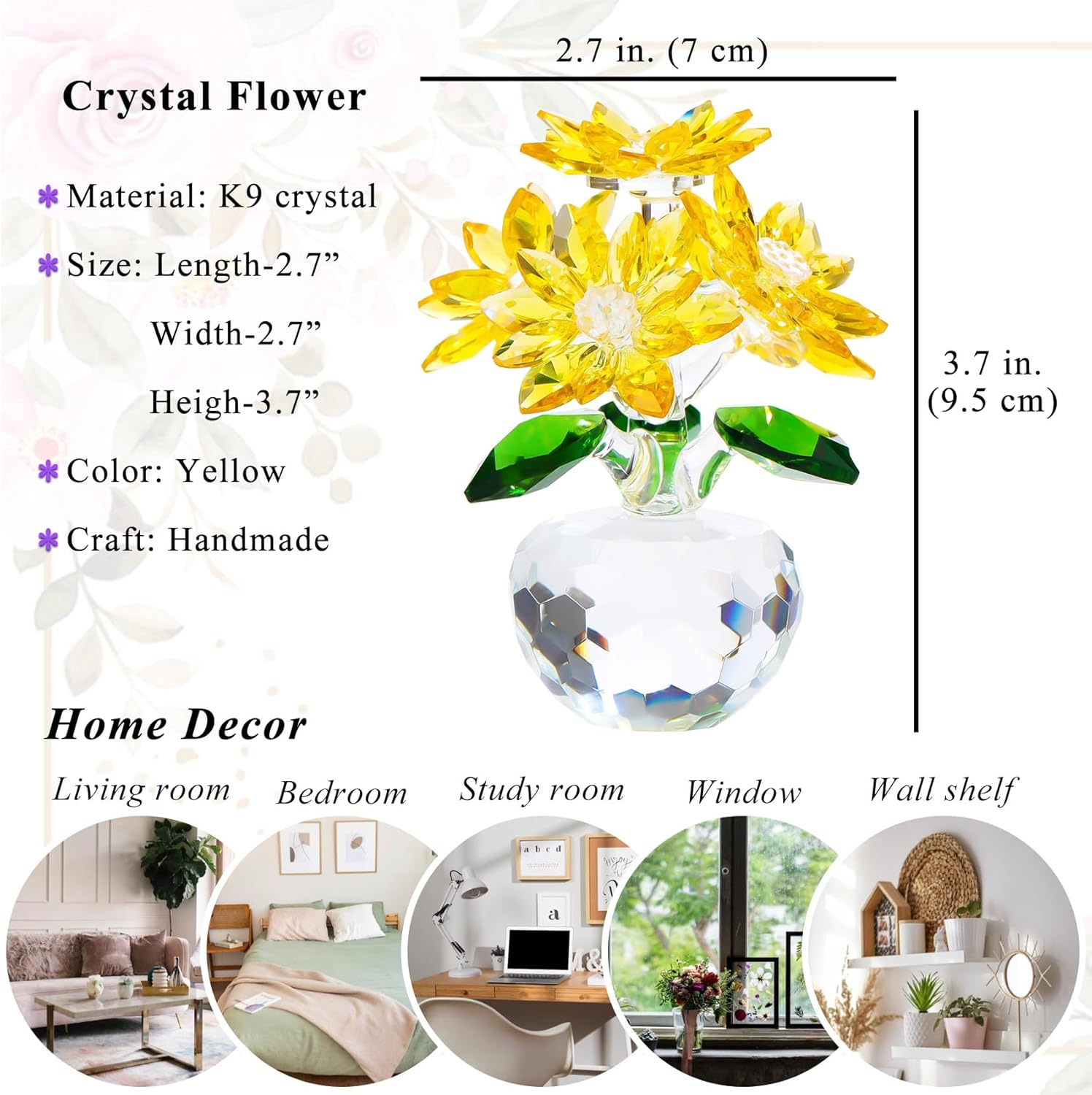 YWHL Handmade Yellow Crystal Flower Figurine - Elegant Glass Gift for Women | Perfect for Weddings & Holidays