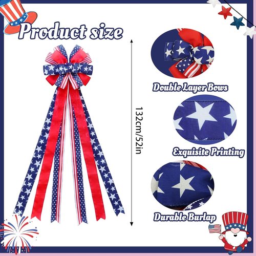 Large 4th of July Tree Topper Bow - Pre-Tied Patriotic Ribbon 52x13 Inch for Wreaths & Decor | Red, Blue, White