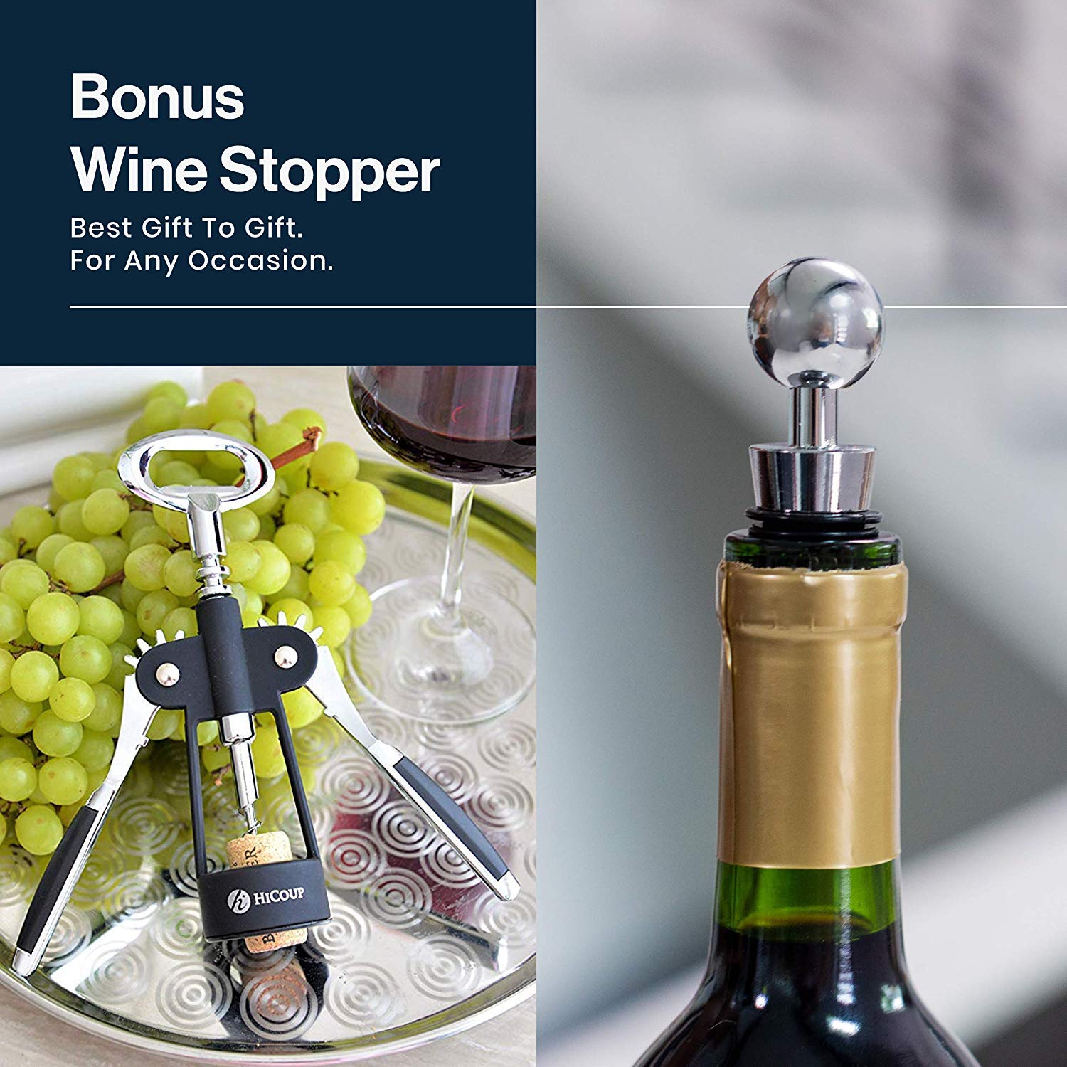 HiCoup Corkscrew Wine Opener - Ergonomic, Double Winged Beer and Wine Bottle Openers - Easy to Use, Stainless-Steel Corkscrews with Stopper & Gift Box - Kitchen Accessories - Matte Black