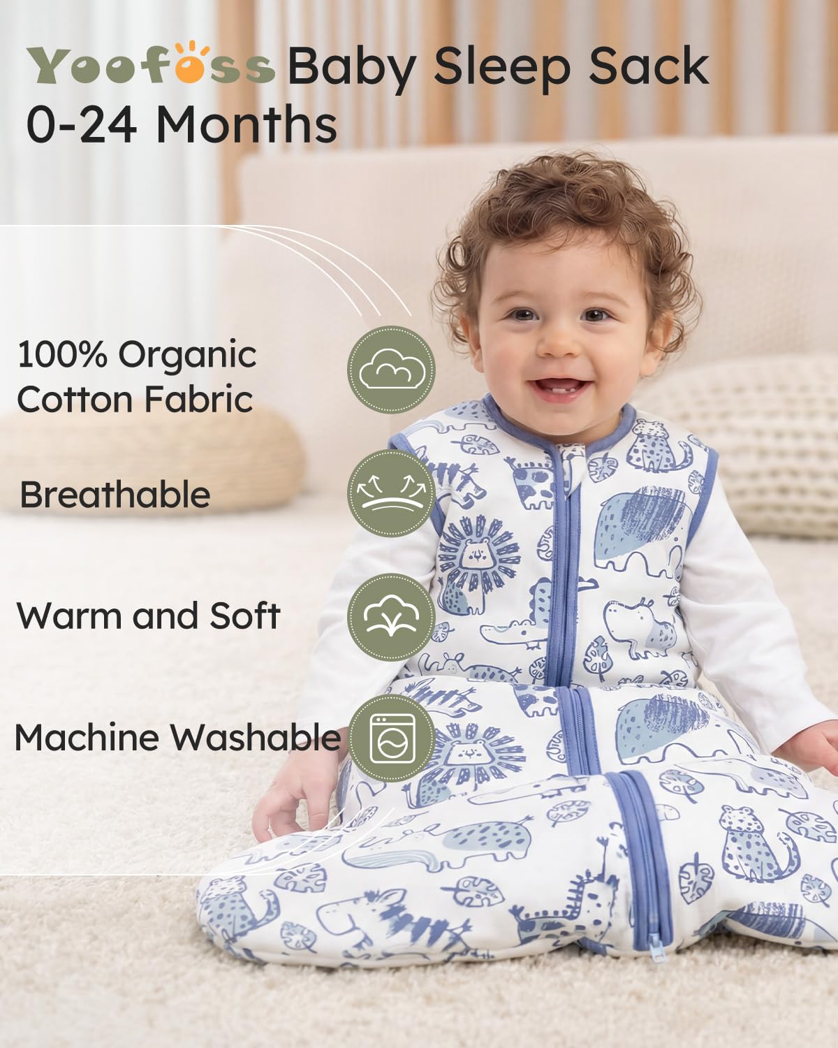 Yoofoss Baby Sleep Sack - 1.5 Tog Organic Cotton Wearable Blanket for 6-12 Months | Soft & Warm