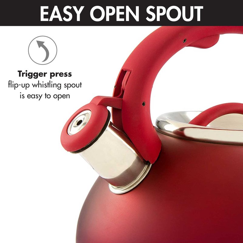 Primula Avalon Whistling Kettle - Whistling Spout, Locking Spout Cover, and Stay-Cool Handle - Stainless Steel - 2.5 Quarts - Matte Red (PAVRE-6225)