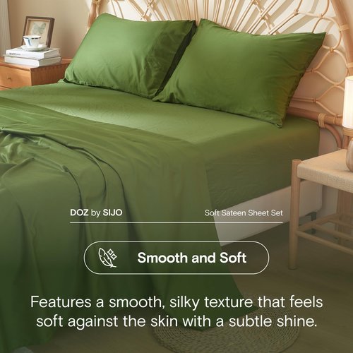 DOZ 100% Long Staple Cotton Sheet Sets, Soft Sateen Weave Cotton, Smooth, Breathable, Cooling Sheets, Hotel Comfort, Durable, 4pc – 2 Pillowcases 1 Fitted 1 Flat (Forest, King)